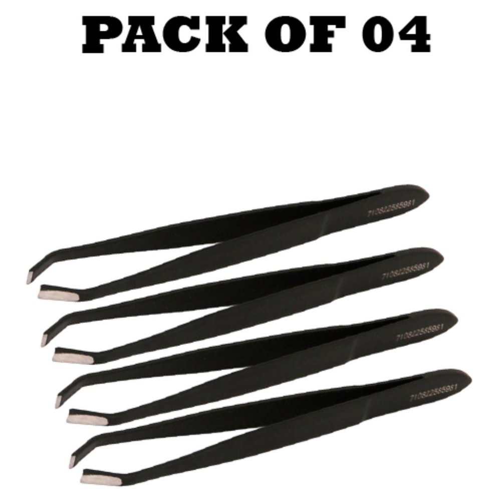 Forgica Professional Stainless Steel Plain Coated Black Tweezers Pack of 04